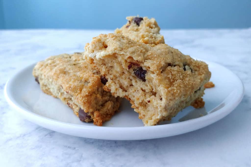 a chocolate chip cookie scone, torn open to see texture