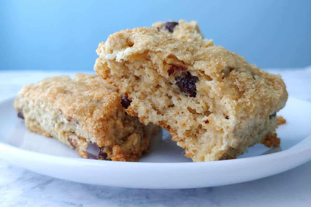 a chocolate chip cookie scone, torn open to see texture