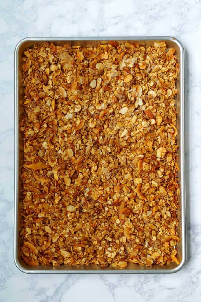 cherry, almond, and cinnamon granola, toasted on the baking sheet