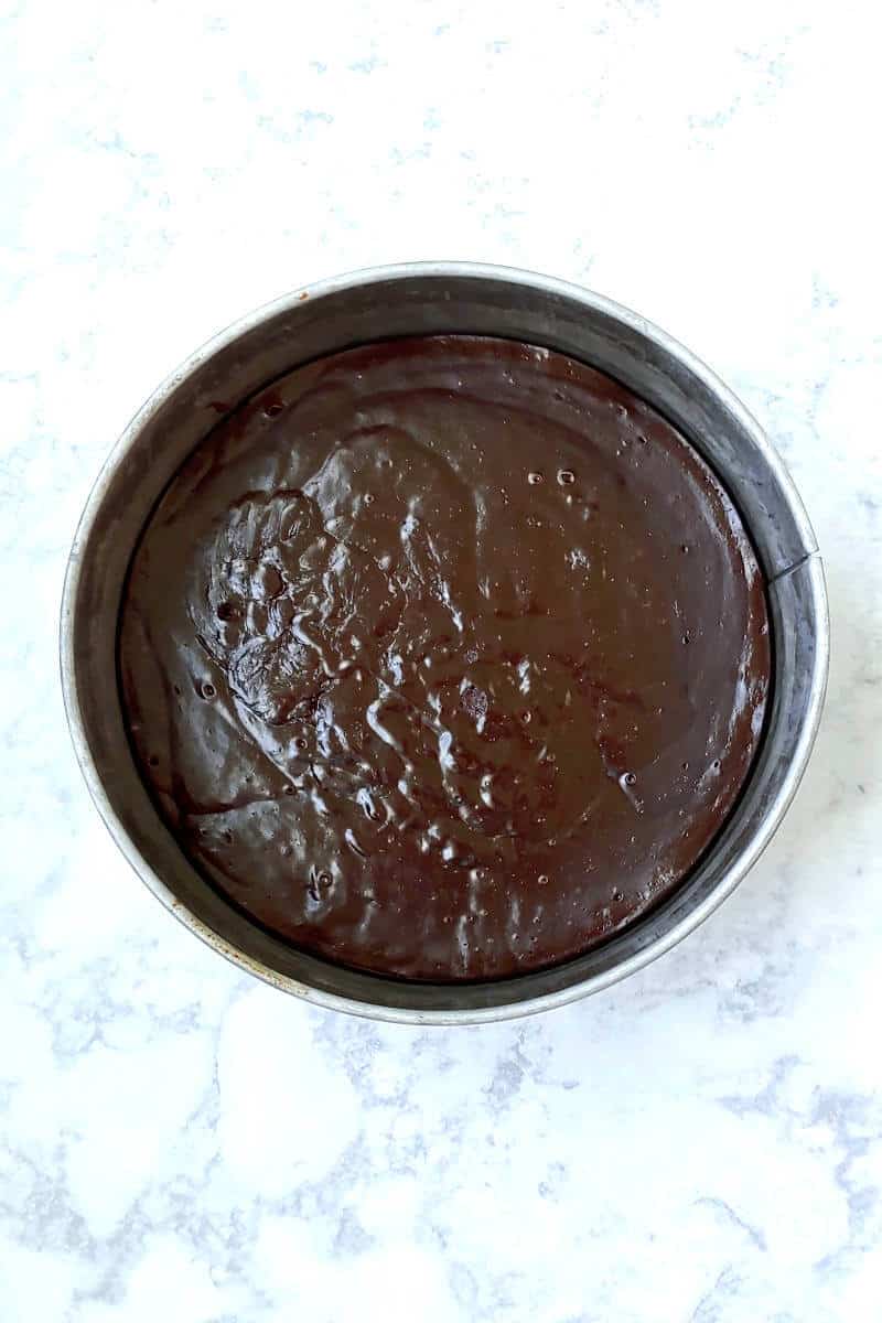 chocolate truffle cake, baked, in the pan