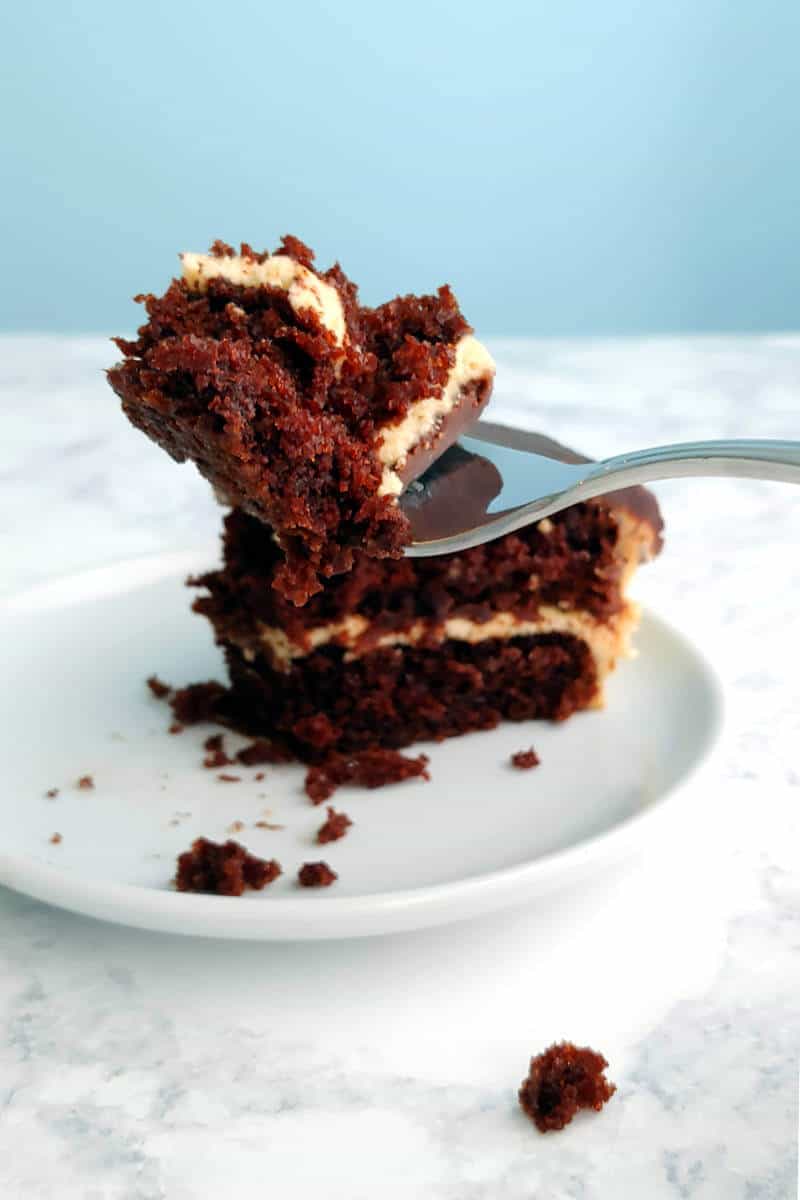 a bite of chocolate peanut butter cake on a fork