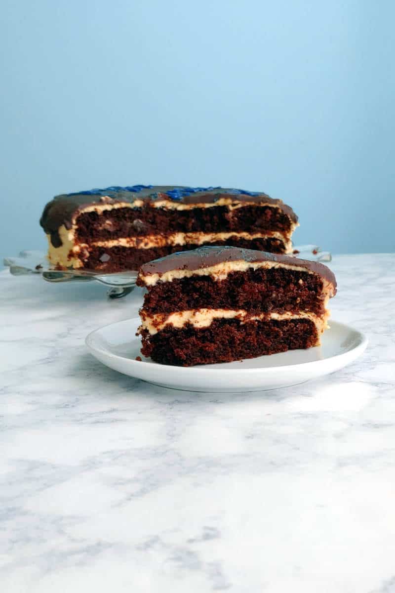 a slice of chocolate peanut butter cake in front of the cake