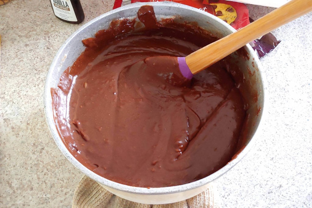fudge mixture after stirring, before pouring into prepared pan