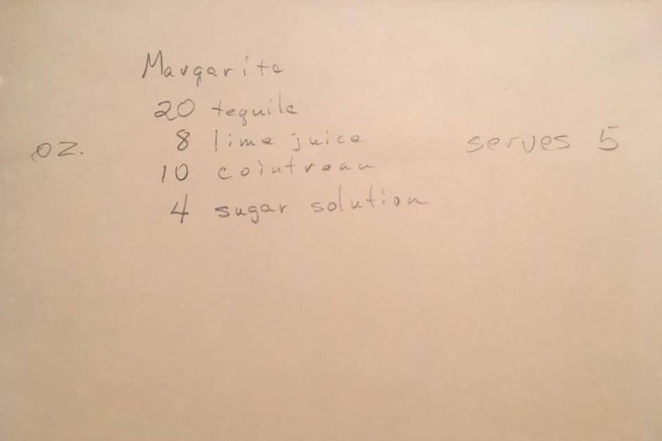 ingredients for margaritas, written on a manila folder