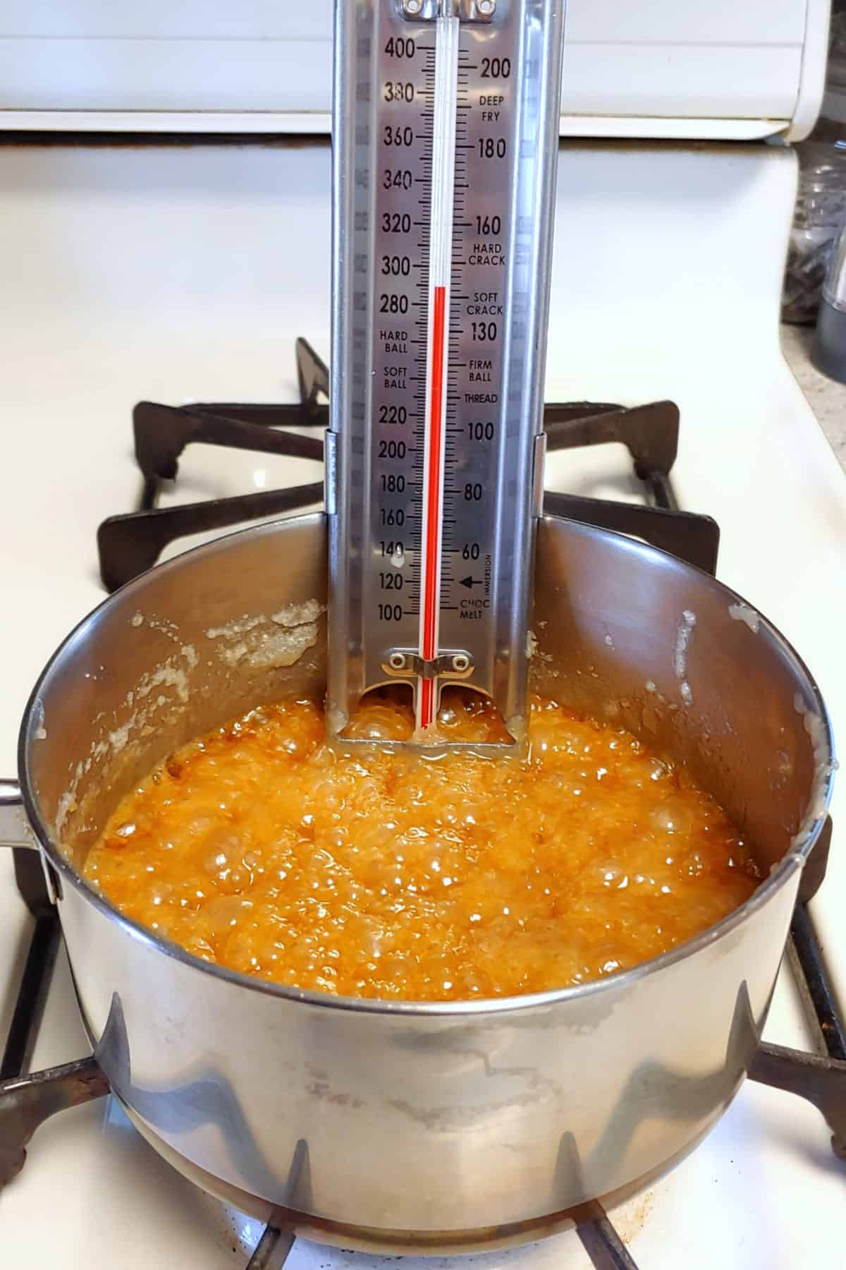 syrup boiling, reaching the brittle stage