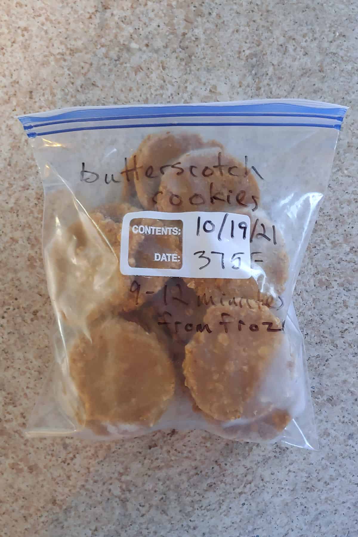 a bag of cookie dough, labeled, ready to be frozen