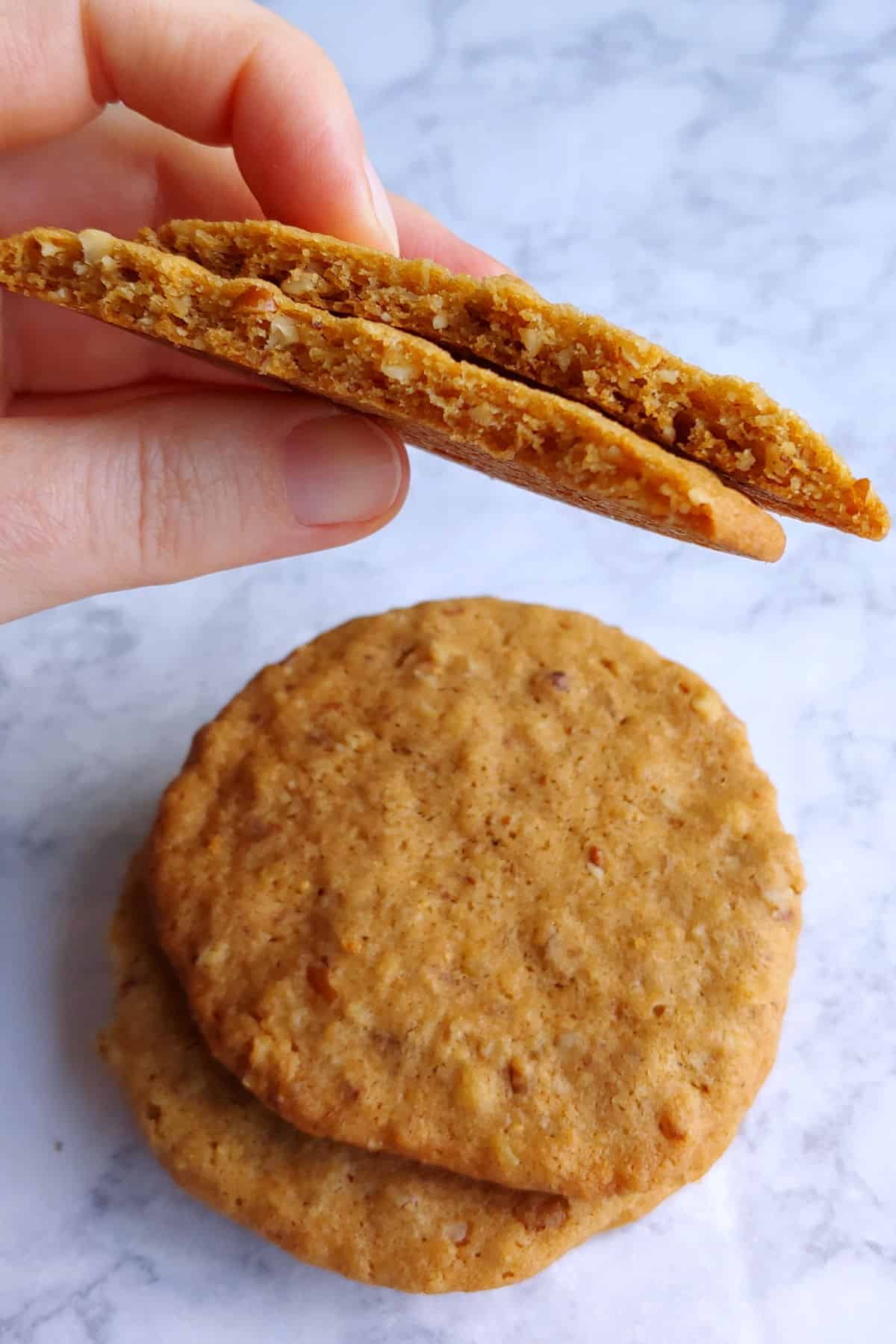 a cookie broken in half to show texture