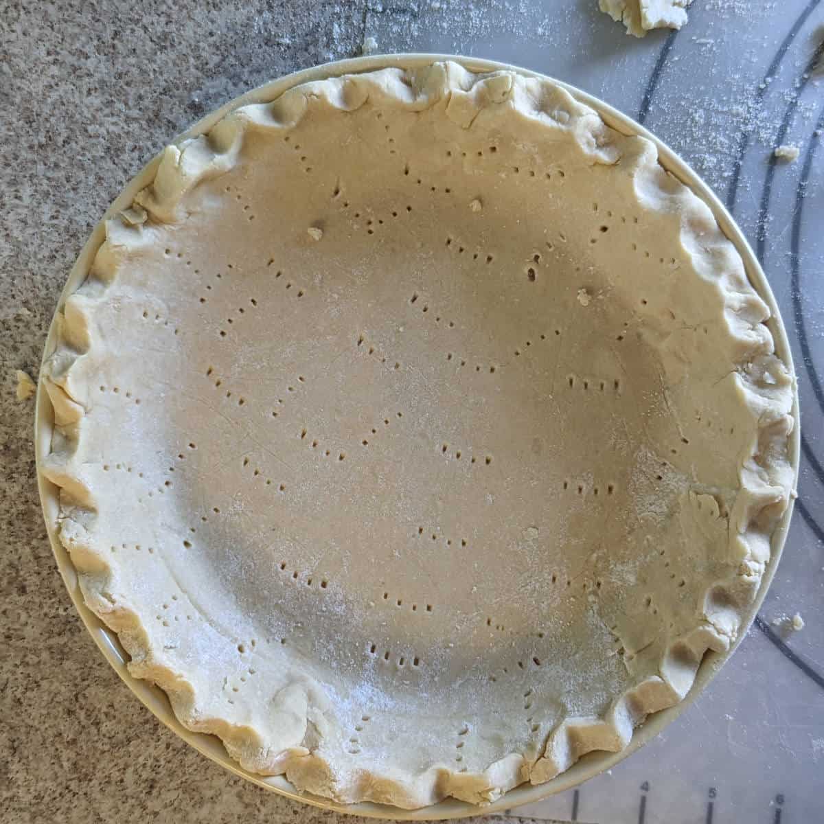 pie crust dough, crimped and pricked in a pie dish