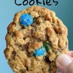 top of a monster cookie, with text overlay for Pinterest