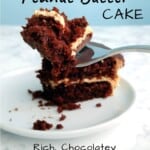 bite of chocolate peanut butter cake, with text overlay for Pinterest