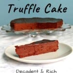 chocolate truffle cake slice, with text overlay for Pinterest