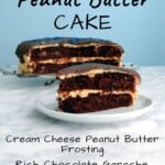 slice of chocolate peanut butter cake, with text overlay for Pinterest