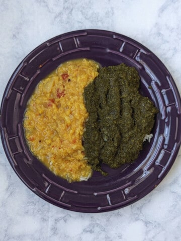 saag (Indian creamed spinach) and dal (Indian lentils) over rice, on a plate - square image