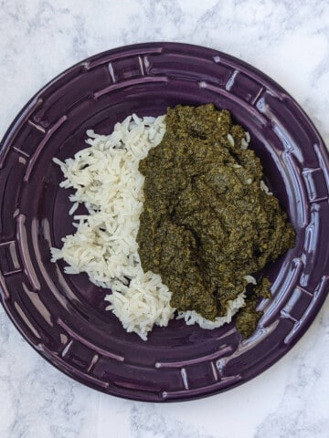 saag (Indian creamed spinach) over rice, on a plate