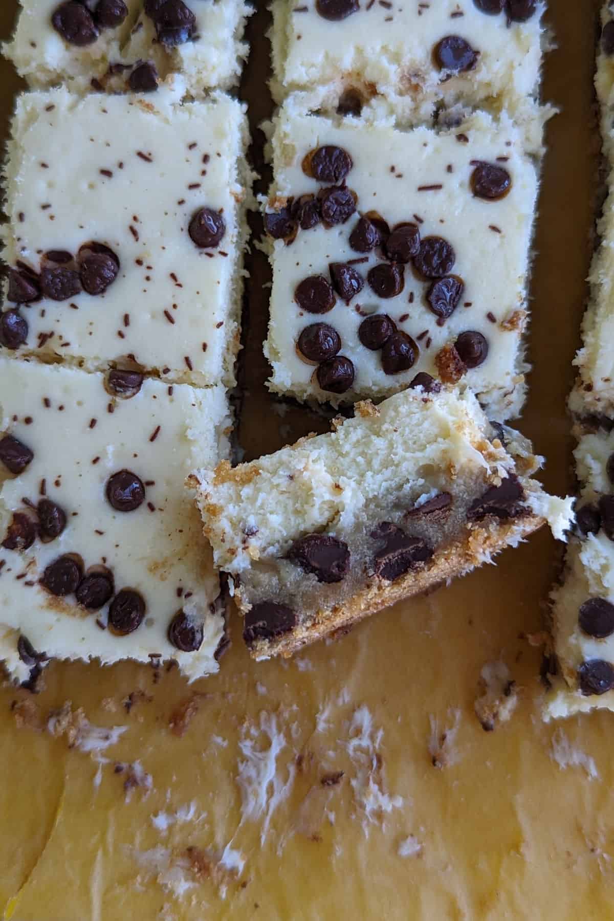 chocolate chip cookie cheesecake bars, side view