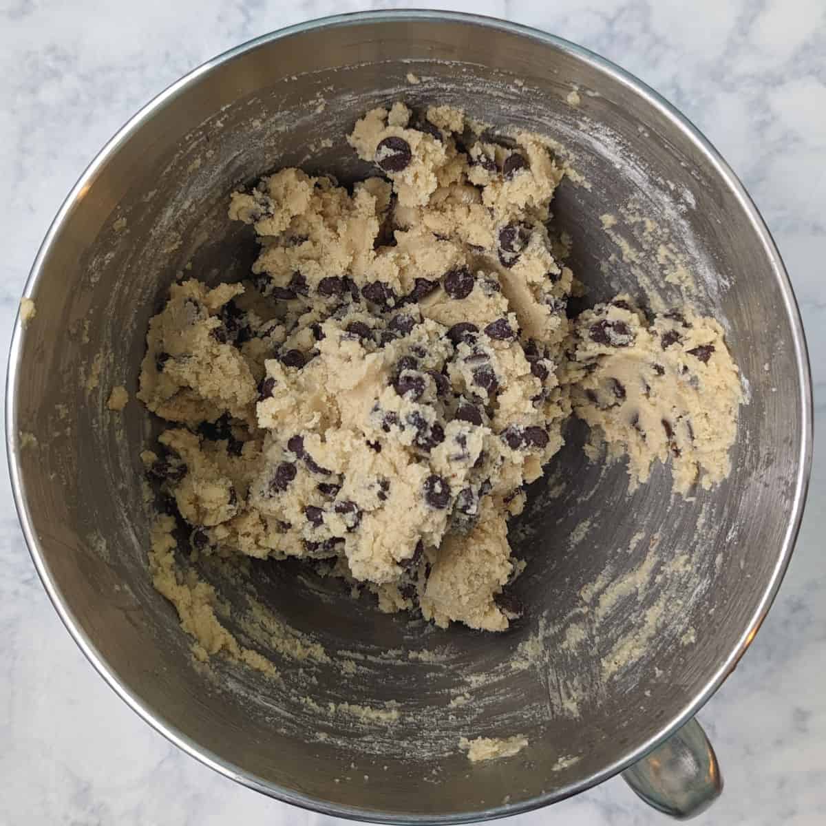 chocolate chip cookie dough, in a stand mixer bowl