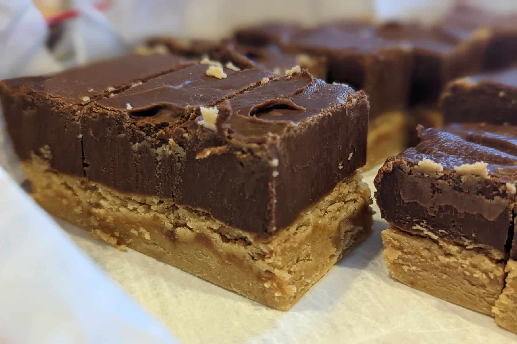 chocolate fudge layered on peanut butter fudge