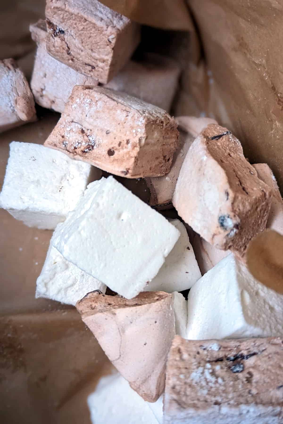 chocolate chip marshmallows and vanilla marshmallows, up close