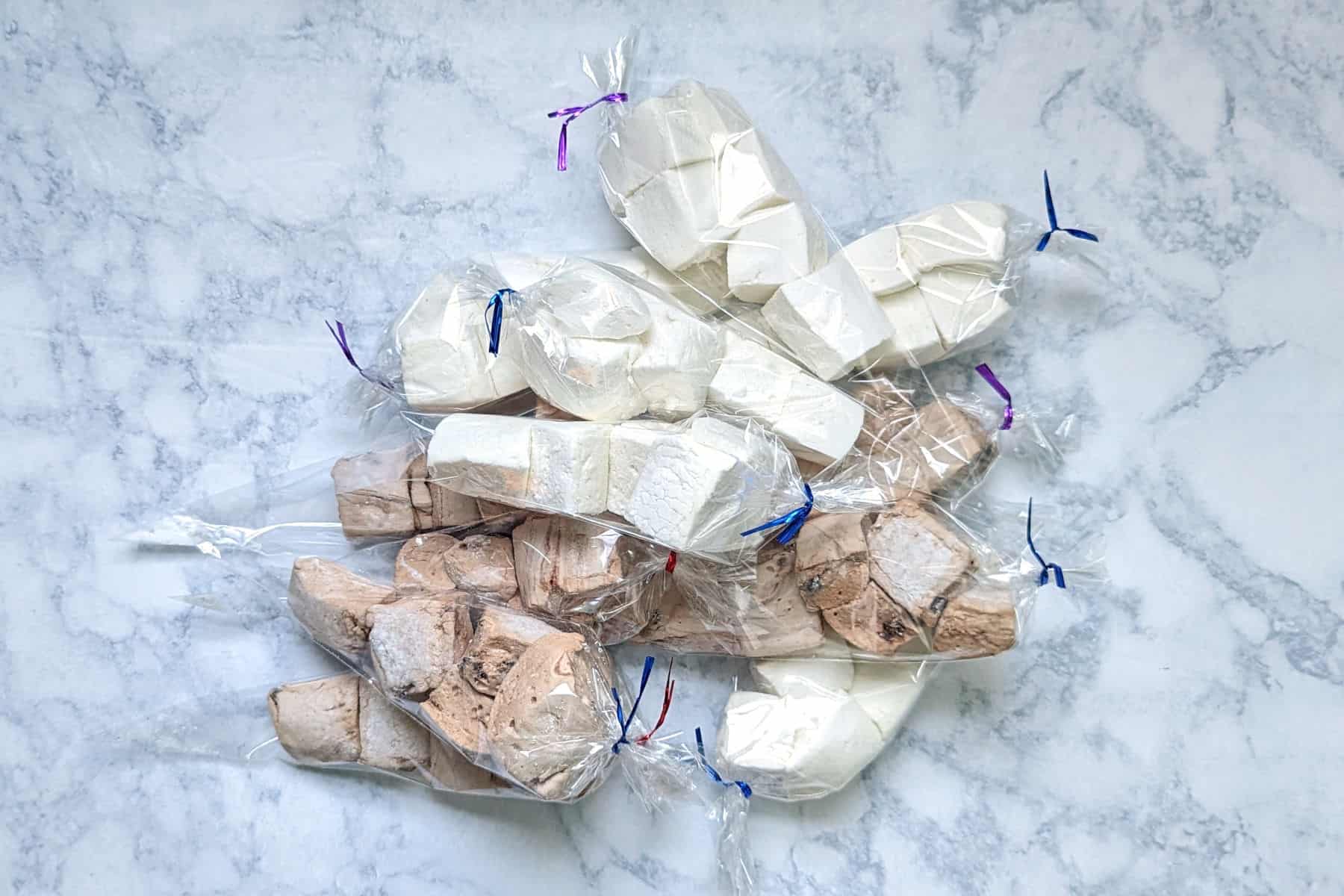 vanilla and chocolate chip marshmallows, in cellophane packages