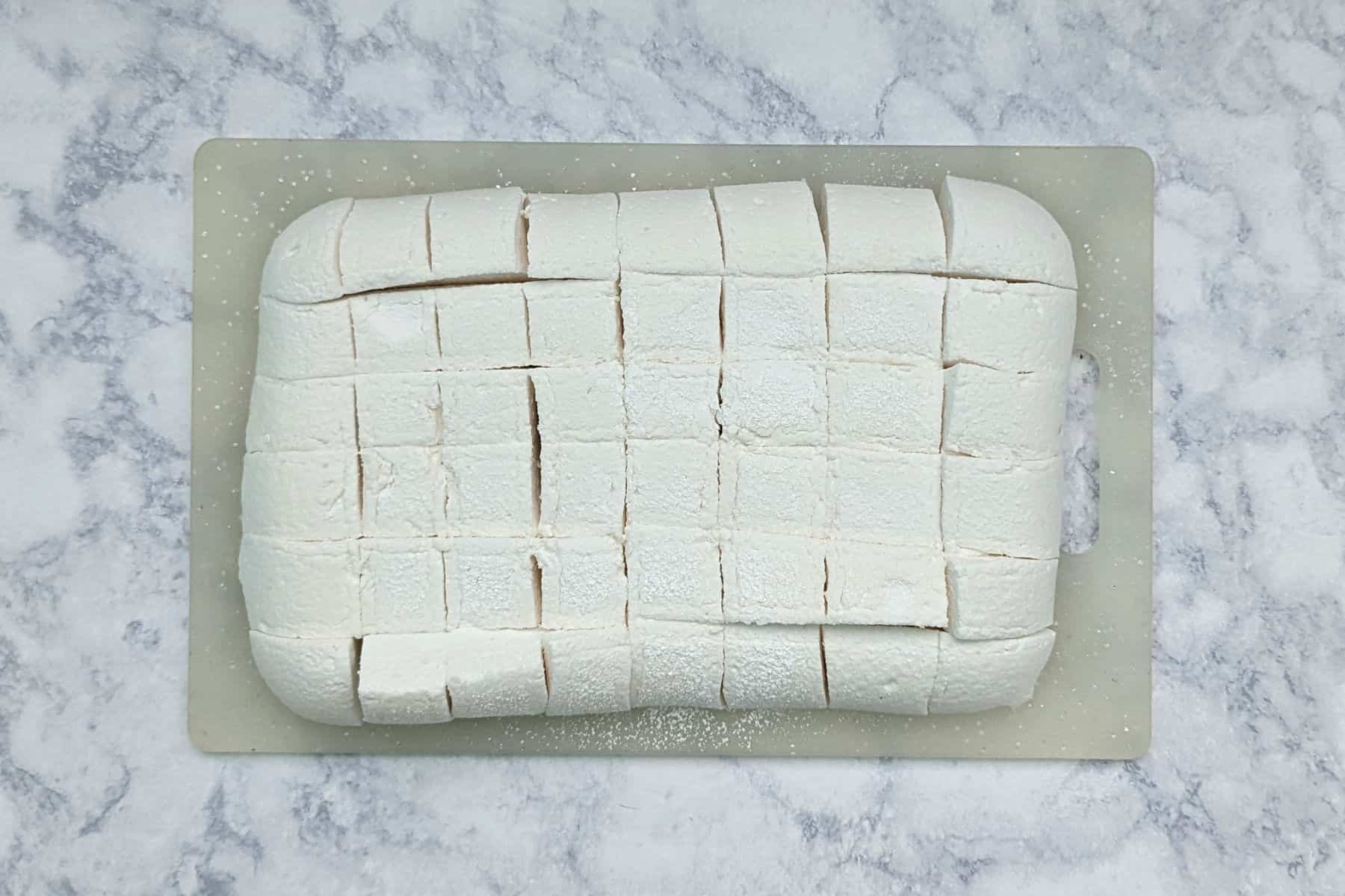 marshmallows on a slab, cut into squares