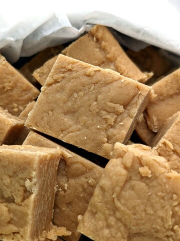 peanut butter fudge squares in a tin