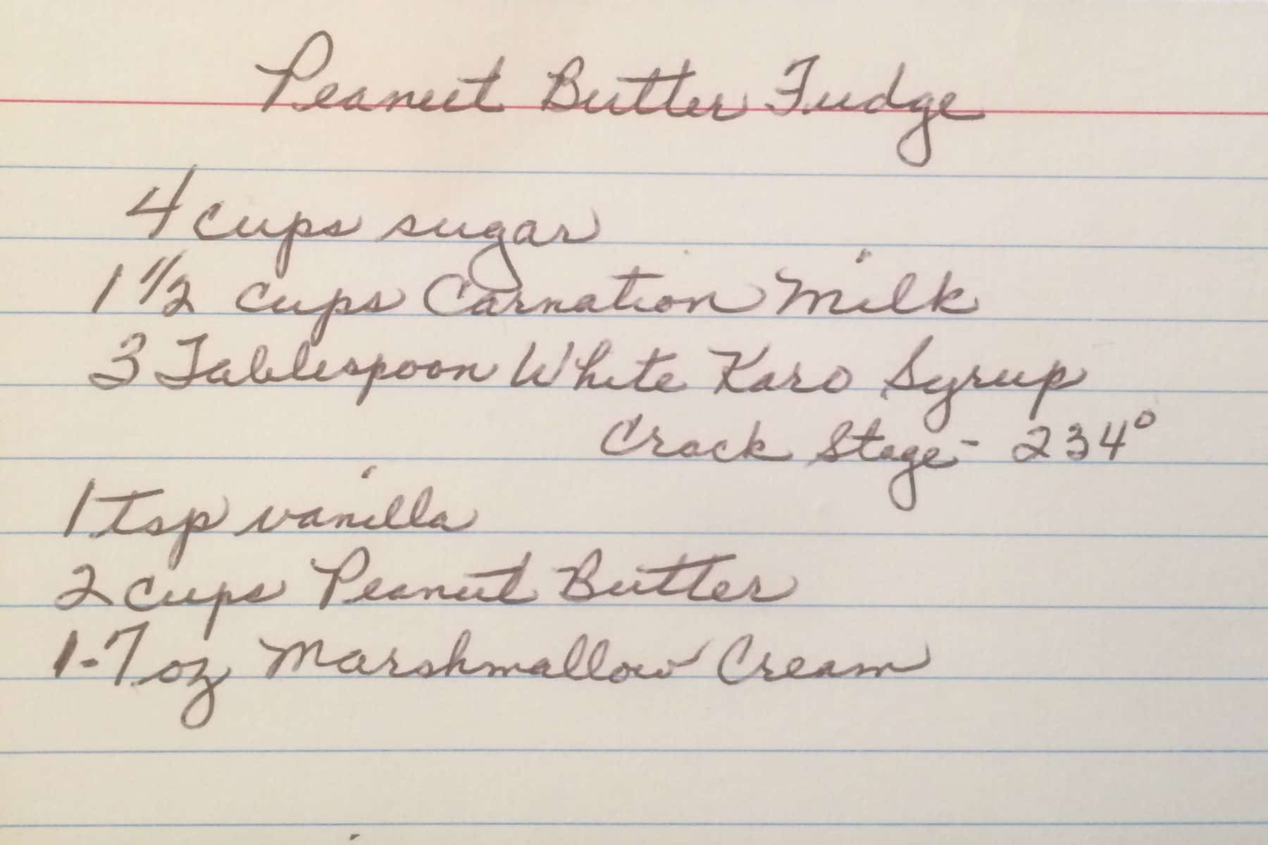 recipe card for peanut butter fudge, in original handwriting