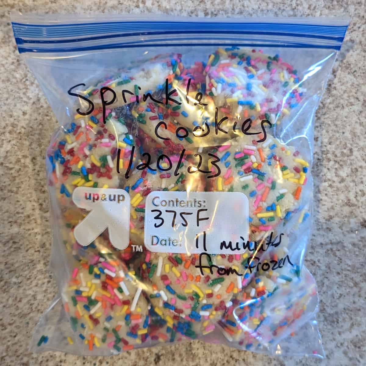 frozen sprinkle cookies in a labeled bag