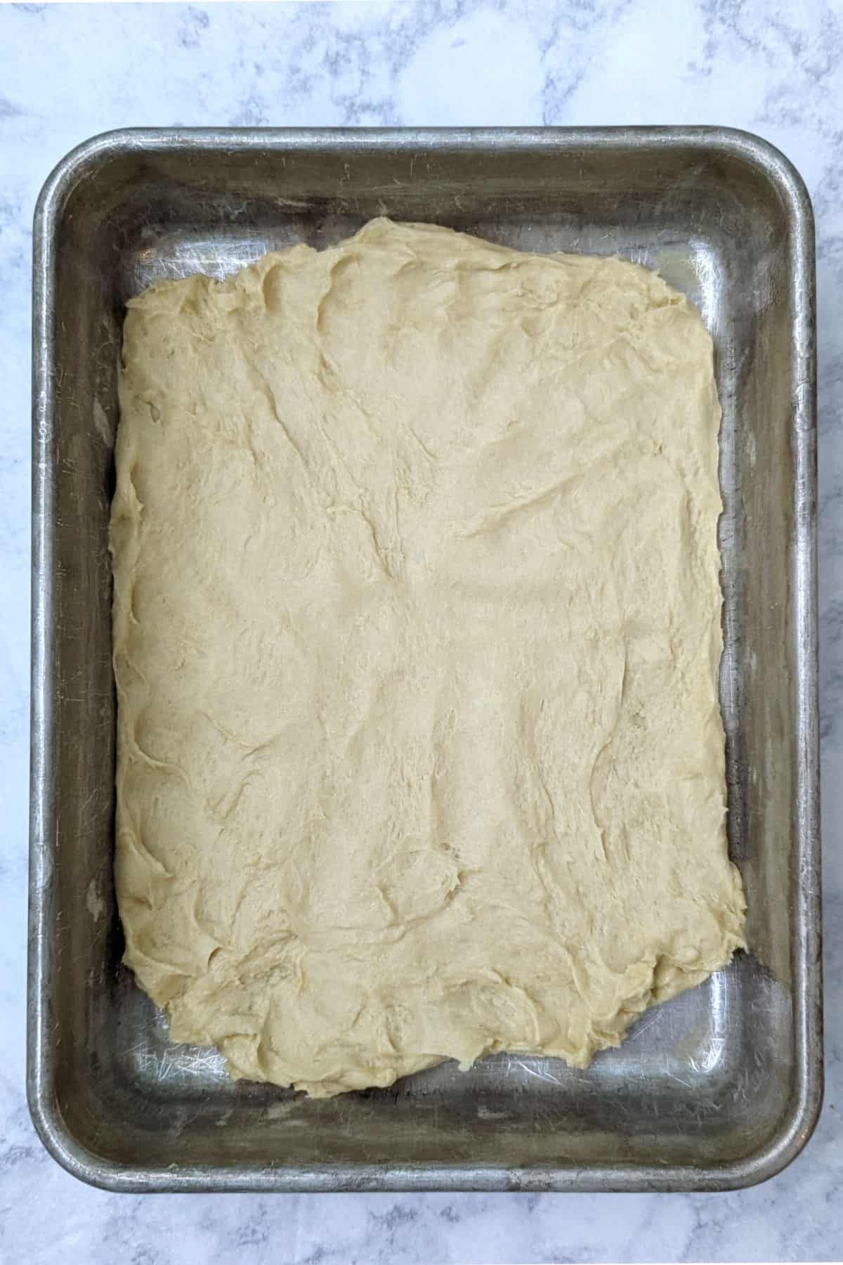 dough patted close to, but not up to, the edges of a 9x13 inch pan