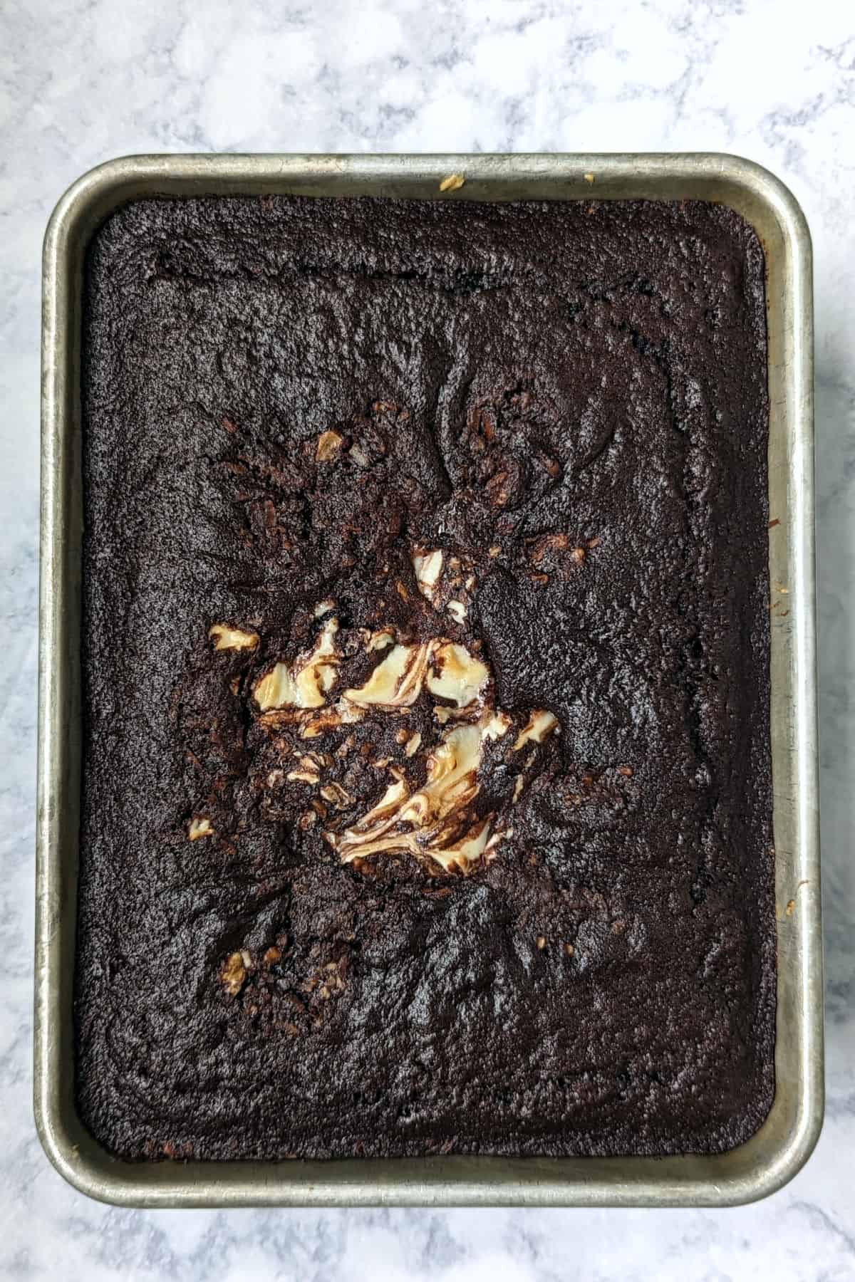 earthquake cake in a pan after being baked