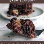 bite of earthquake cake on a fork, with text overlay for Pinterest