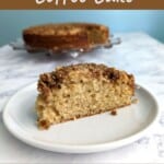 slice of sour cream coffee cake on a plate, with text overlay for Pinterest