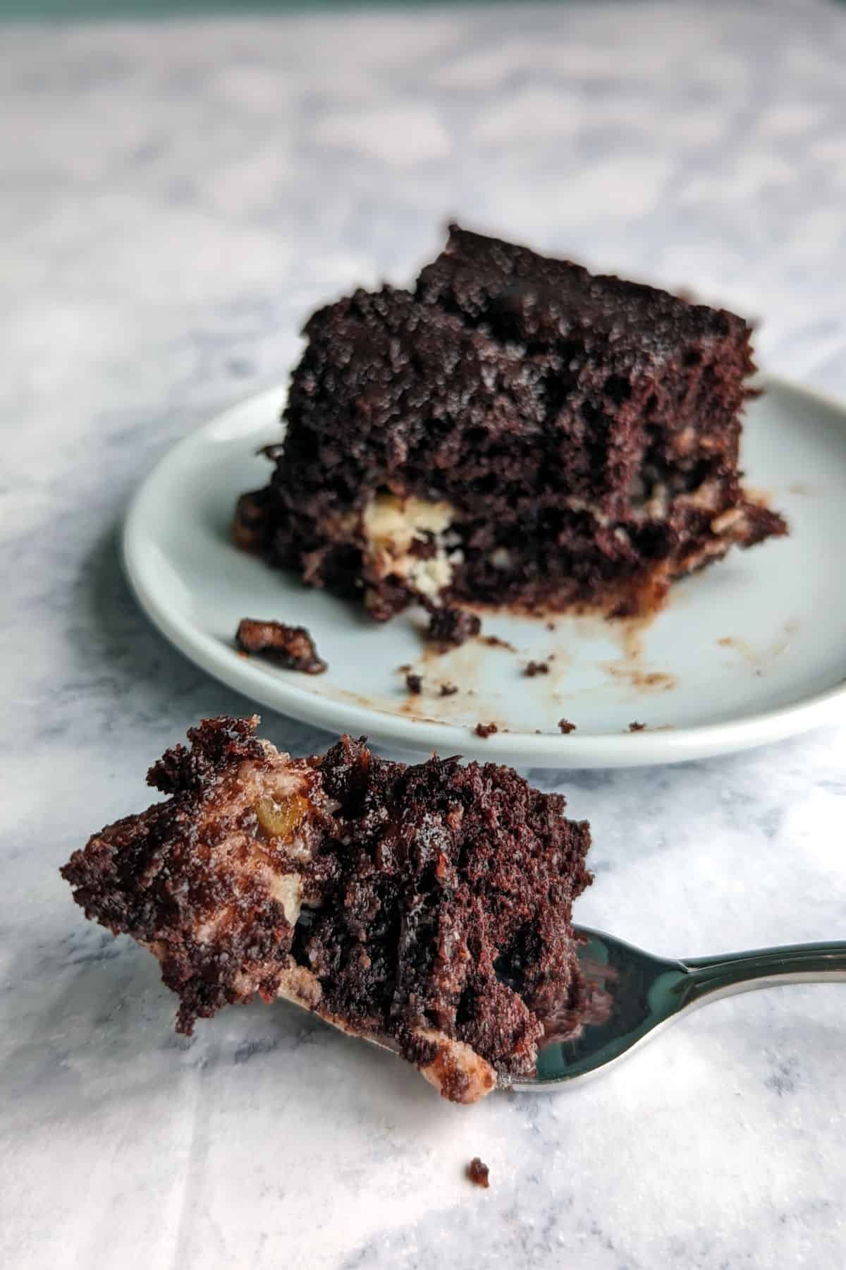 bite of earthquake cake on a fork