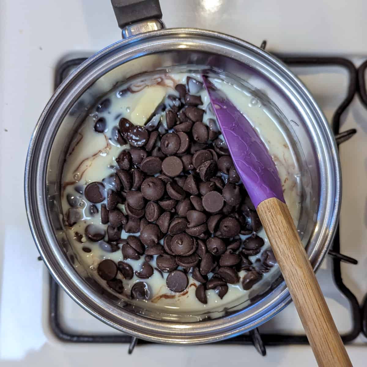 chocolate chips, sweetened condensed milk, and butter in a saucepan