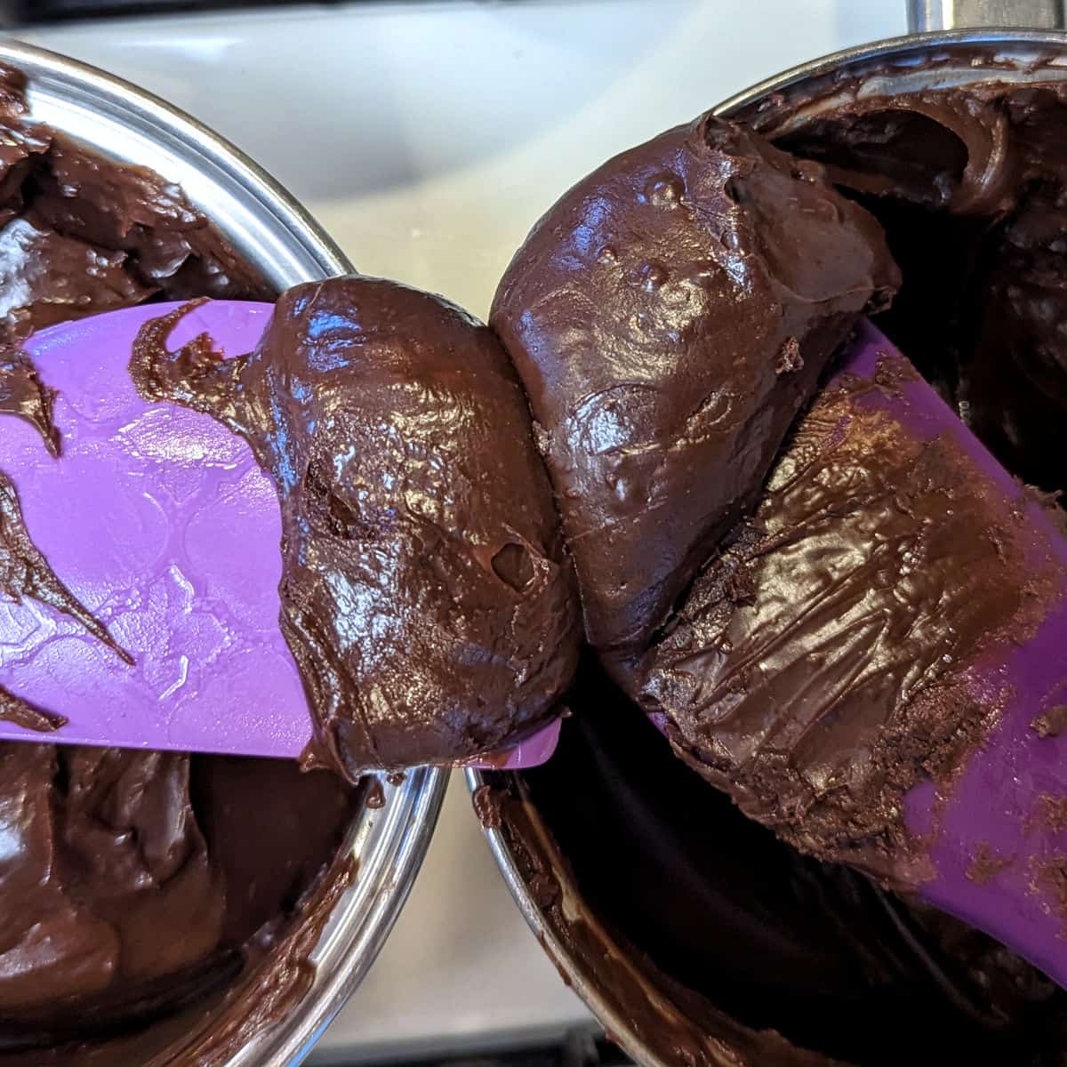 smooth, properly melted ganache on the left, with lumpy, overheated ganache on the right