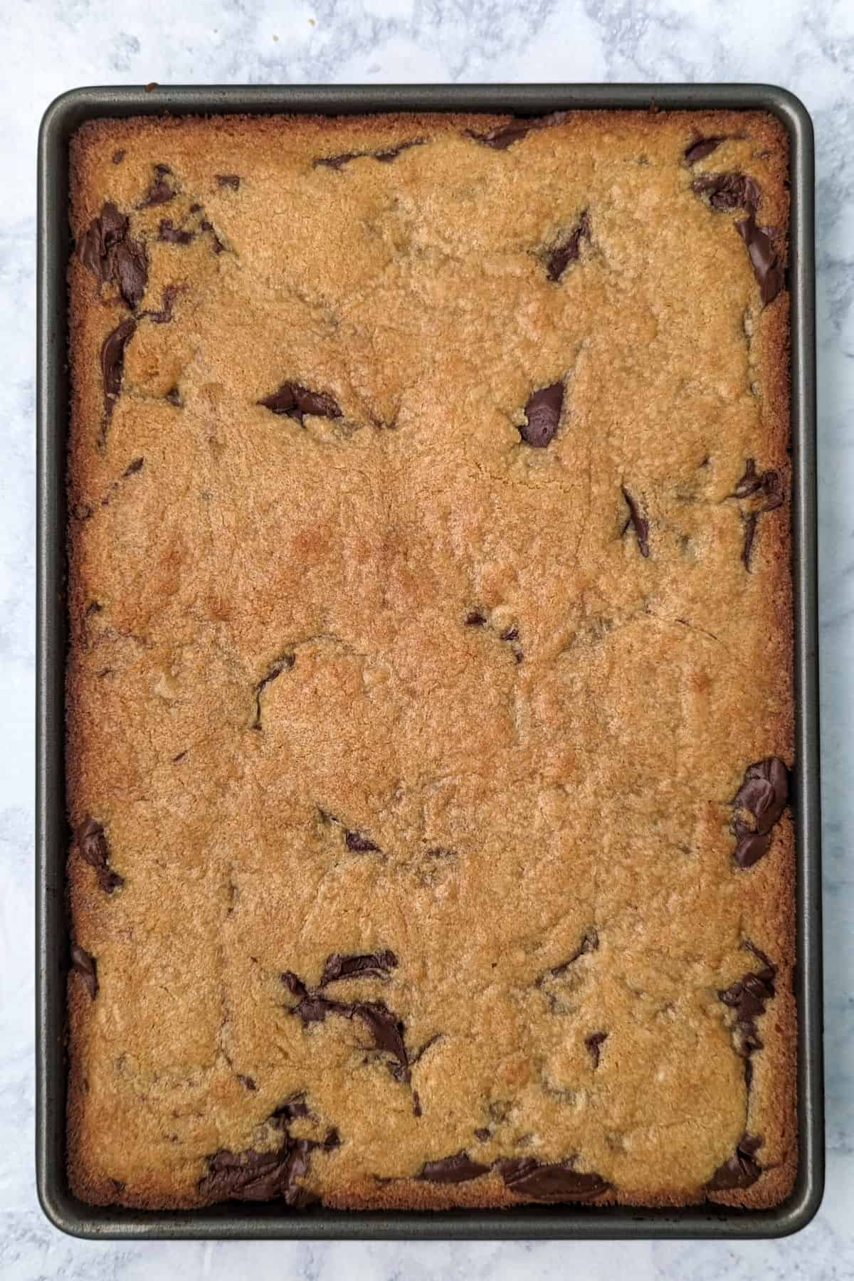 fudgy butterscotch bars in a jelly roll pan, baked, fresh from the oven