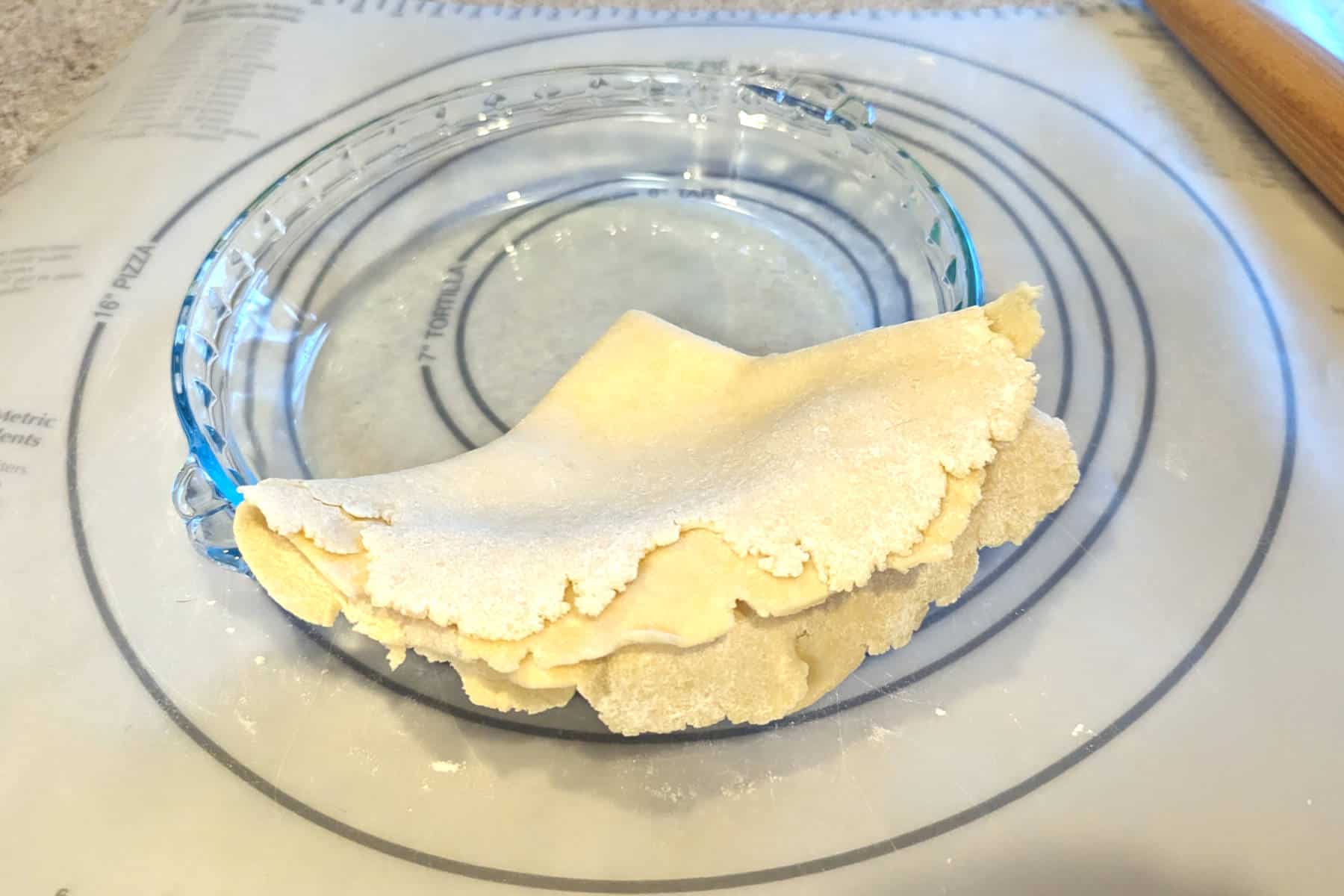 pie crust dough, folded in quarter, centered in the pie plate