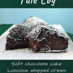 picture of a chocolate yule log, covered with powdered sugar snow. text overlay for Pinterest