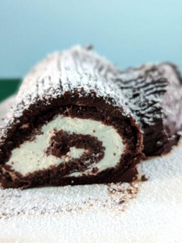 chocolate yule log, dusted with powdered sugar, with swirl showing