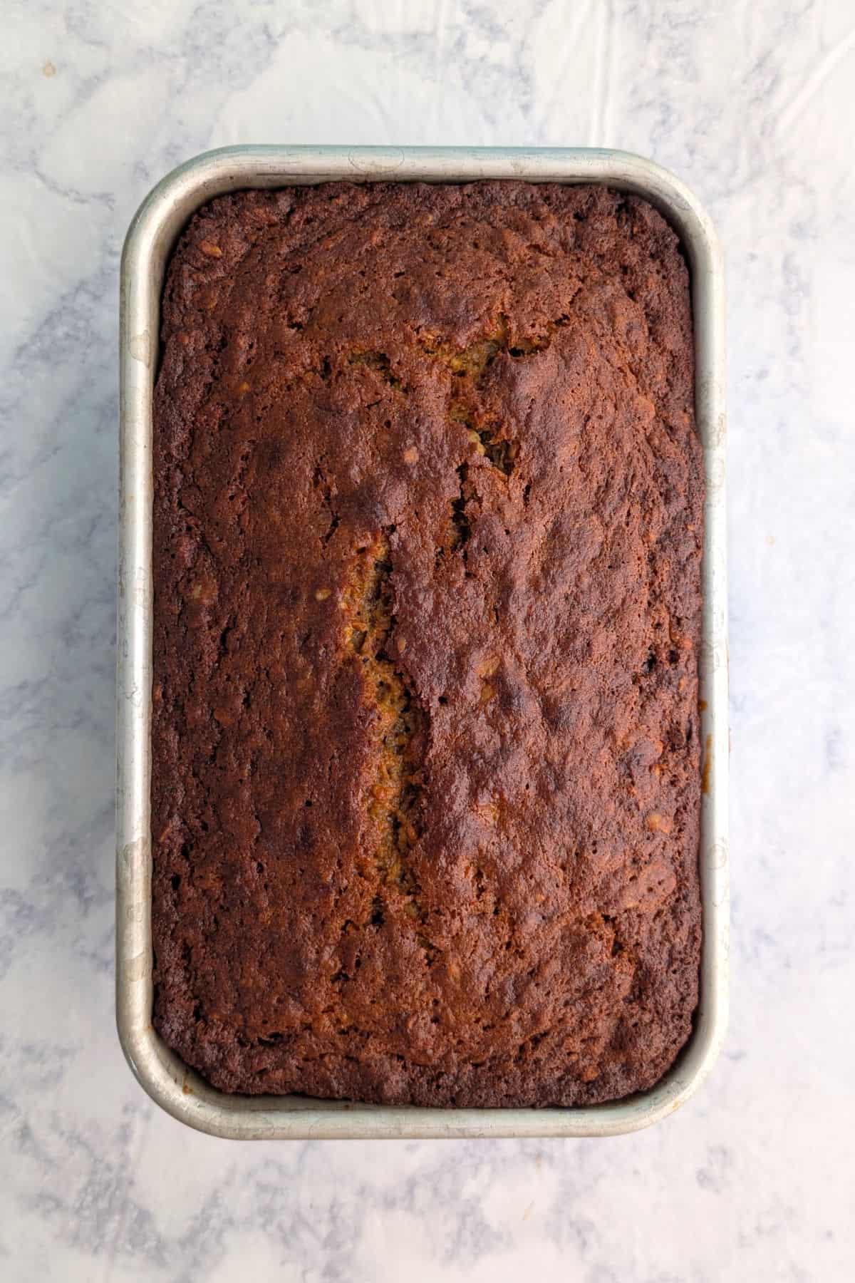 Banana bread in a loaf pan.