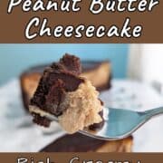 A bite of chocolate peanut butter cheesecake, on a fork. Text overlay for Pinterest reads "Chocolate Peanut Butter Cheesecake. Rich, Creamy, & Decadent!"