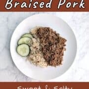 Soy-Cola Braised Pork, plated alongside brown rice and cucumbers. Text overlay for Pinterest reads "Sweet | Salty. Tangy | Tender."