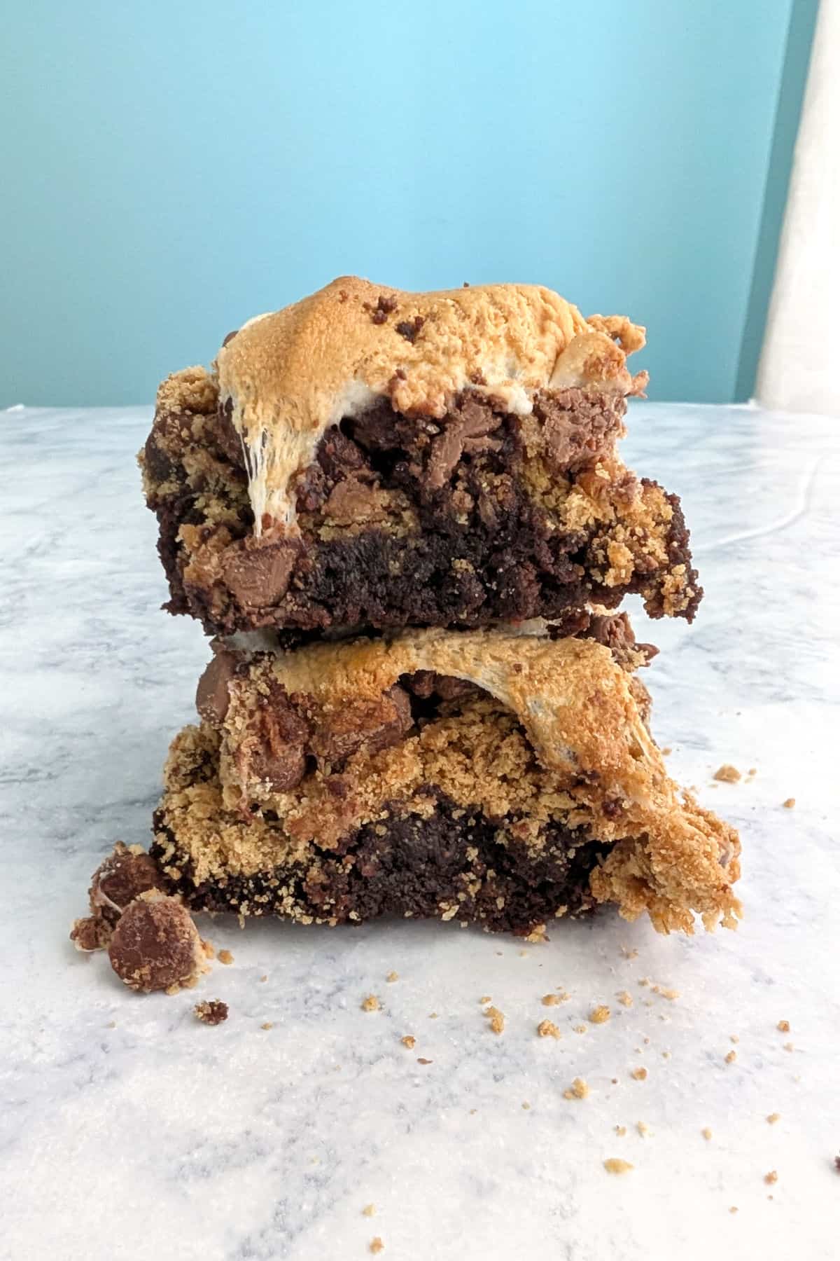 Two s'mores brownies, stacked on top of each other.