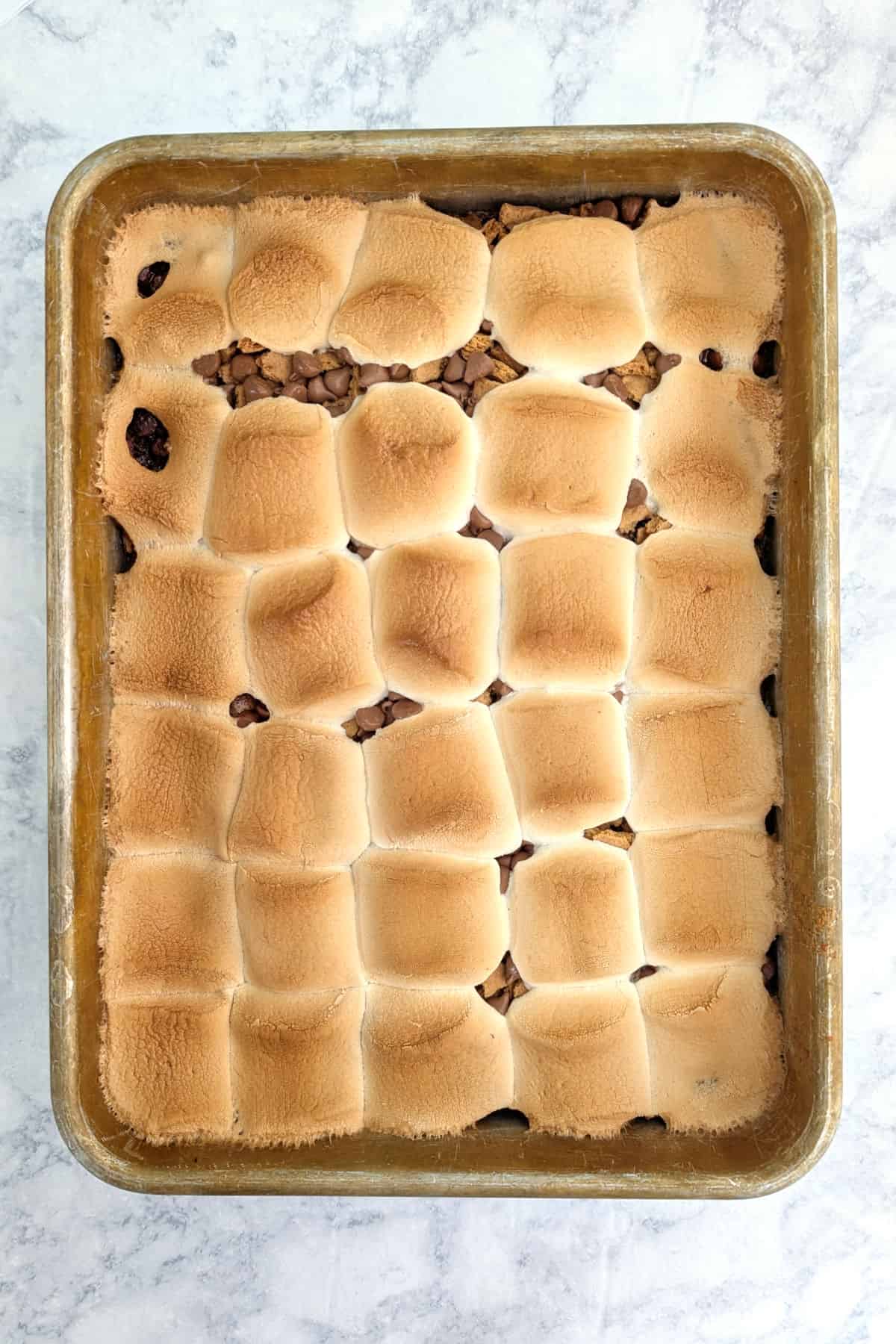 S'mores Brownies, baked and in the pan.