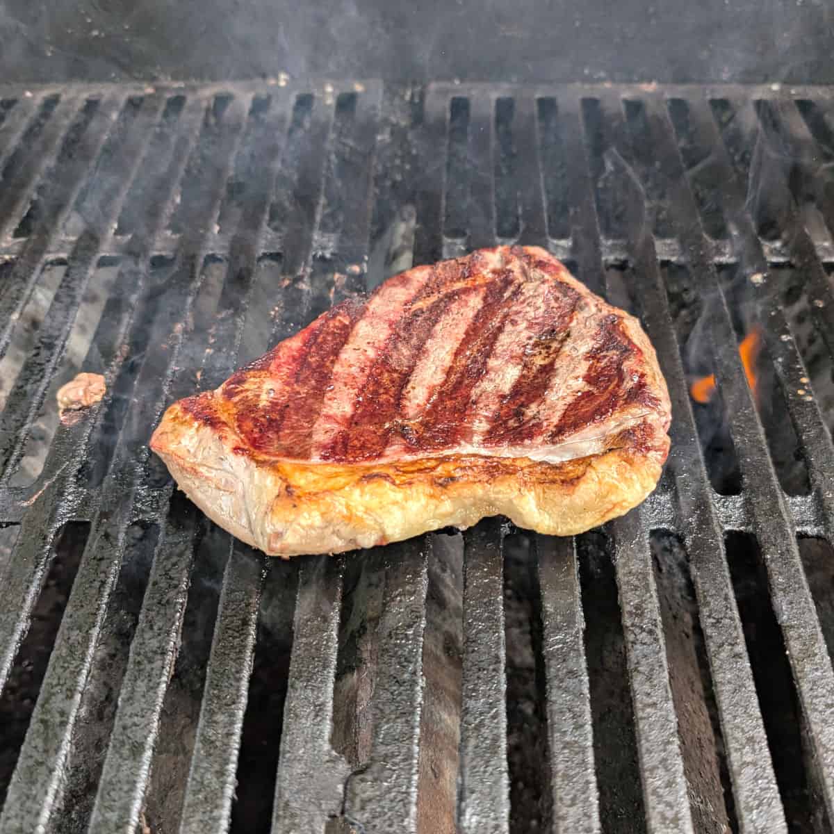 A partially cooked steak on a grill.