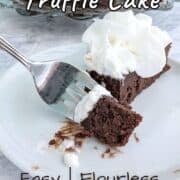 A bite of chocolate truffle cake on a fork, next to a slice of cake with whipped cream. The remaining cake is on a plate in the background.