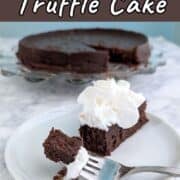 A bite of chocolate truffle cake on a fork, next to a slice of cake with whipped cream. The remaining cake is on a plate in the background.
