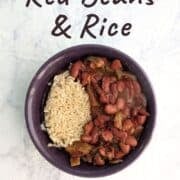Vegetarian Slow Cooker Red Beans and Rice, in a purple bowl. Text overlay for Pinterest reads "Vegan. Gluten-Free!"