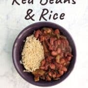 Vegetarian Red Beans and Rice, in a purple bowl. Text overlay for Pinterest reads "A Gluten-Free Slow Cooker Meal!"