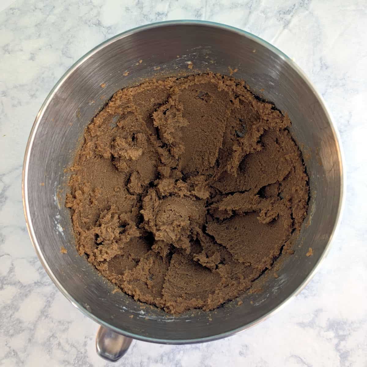 Butter and brown sugar, creamed, in a stand mixer bowl.
