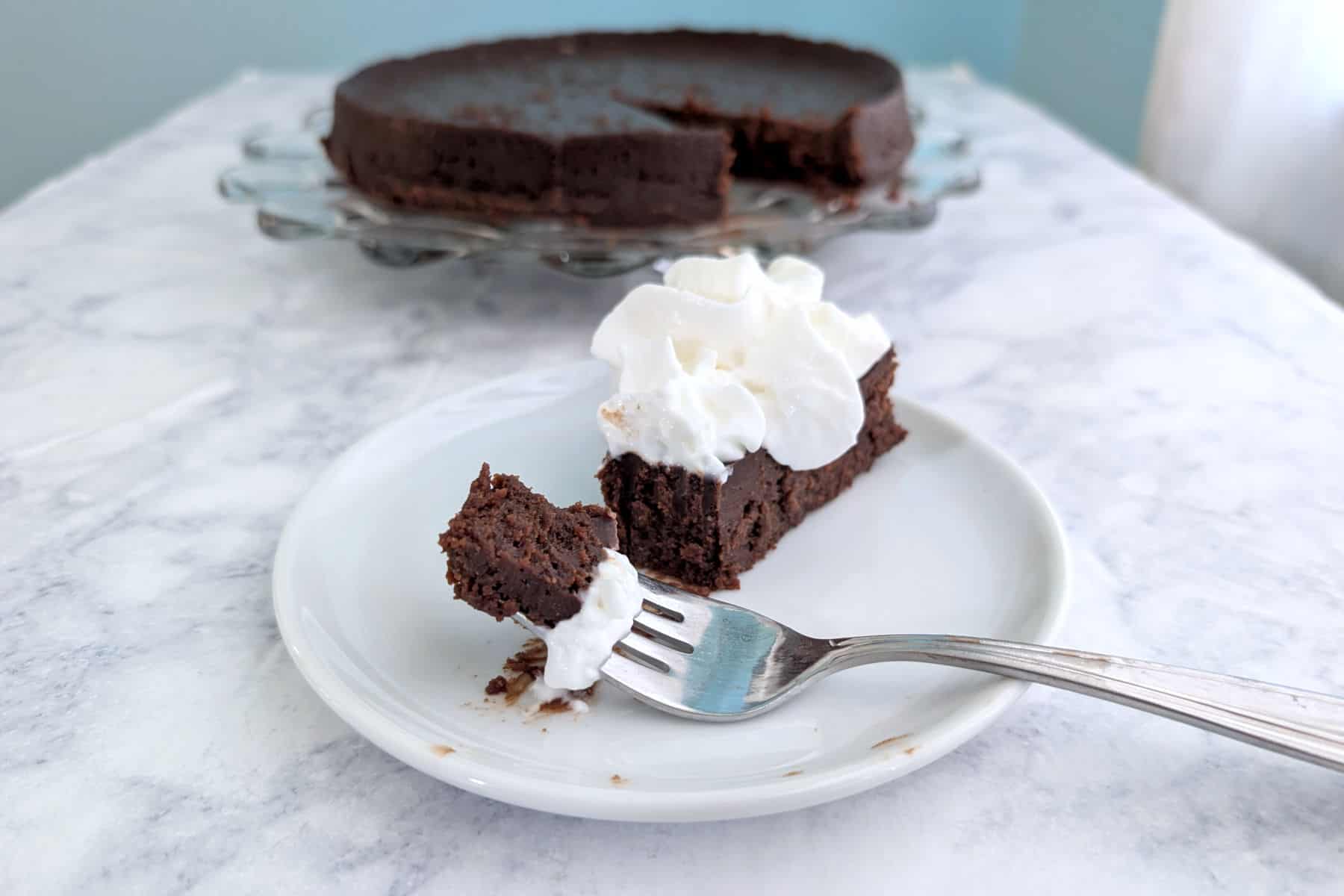 A bite of chocolate truffle cake on a fork, next to a slice of cake with whipped cream. The remaining cake is on a plate in the background.